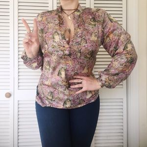 ✨VTG 1970’s✨ Floral Cat Polyester Disco Blouse 🐱
